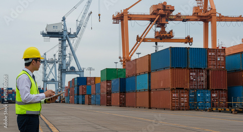 Professional worker inspecting containers at a busy industrial port. AI-generated image.