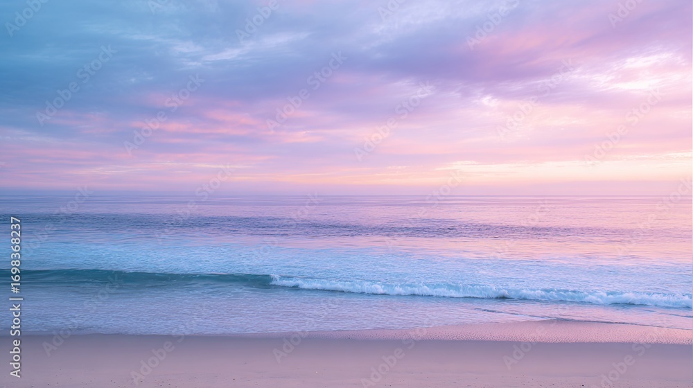 Obraz premium Soft Pastel Sunset Over a Calm Ocean Beach: Gentle Pink & Lavender Sunset Glow, Serene Beach with Calm Waves—Tranquil Coastal Scene of Pastel Hues at Dusk