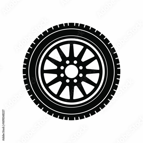 Stylized black and white vector illustration of a car wheel tire and rim silhouette vector illustration white background