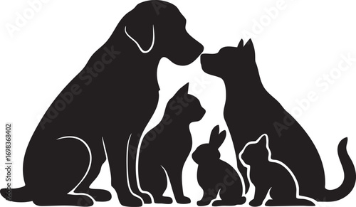 Pet Silhouette Vector Set in Black Featuring Dogs, Cats, Rabbit, and Kitten for Companionship, Animal Care, and Design Themes