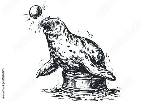 Seal balancing a ball on its nose on a pedestal, sketch