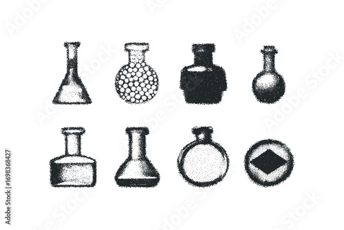 Eight stippled black laboratory flasks and vials collection