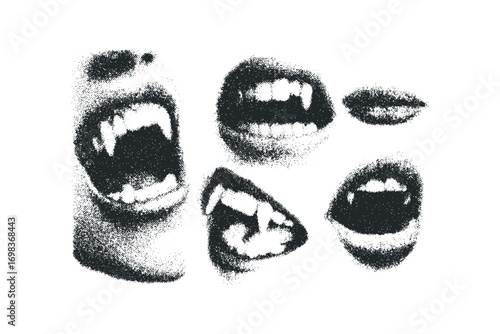 Various mouths with fangs, abstract dot texture on transparent background