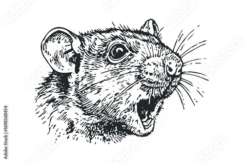 Detailed sketch of a rat head looking to the side with mouth open