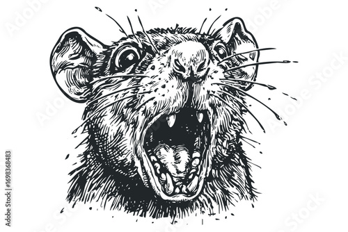 Screaming rodent head with sharp teeth, monochrome sketch on transparent background