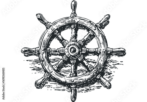 Vintage ship's wheel rendered in a woodcut style on a transparent background