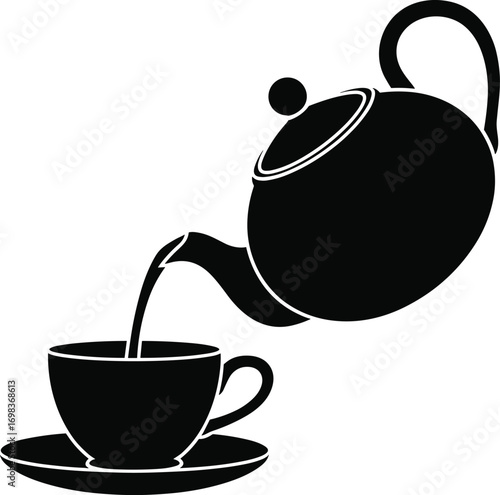 Black silhouette of teapot pouring hot tea into a teacup, vintage style, morning beverage, elegant kitchen drinkware vector