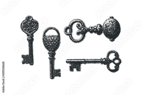 Set of four antique keys with ornate handles on a transparent