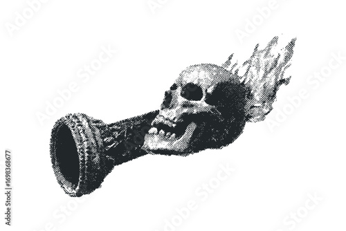 Skull with Flames Emerging from Ancient Trumpet