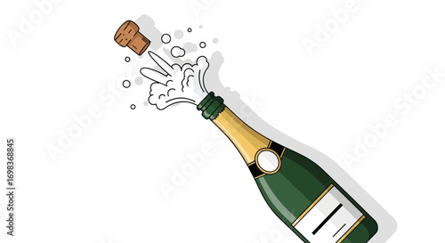 Cartoon champagne bottle with popping cork and effervescent bubbles celebrating a festive moment.