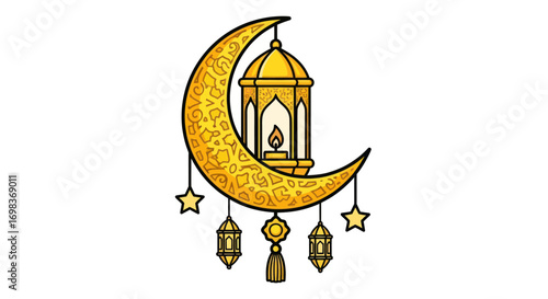 Ornate Golden Crescent Moon with Hanging Ramadan Lanterns and Stars.