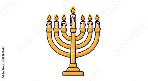 Golden Hanukkah Menorah with Nine Lit Candles.