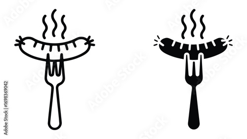Vector art of grilled sausage on fork icon hot dog or bratwurst with steam vector illustration of barbecue food, picnic and party