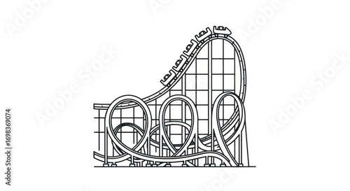 Black and White Line Drawing of a Thrilling Roller Coaster.