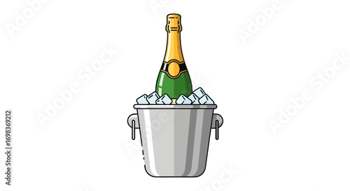 Champagne bottle in ice bucket celebration drink.