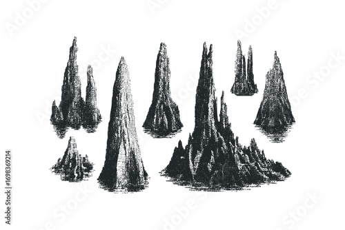 Group of Ink Drawn Stalagmite Formations on Transparent Background