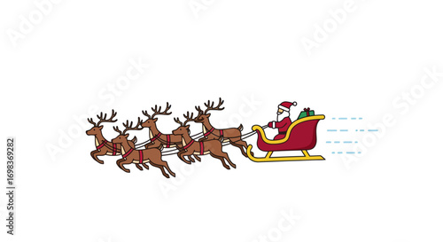 Santa Claus riding a sleigh pulled by a team of reindeer.