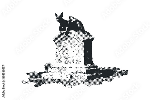 Gargoyle perched on weathered stone pedestal with halftone texture
