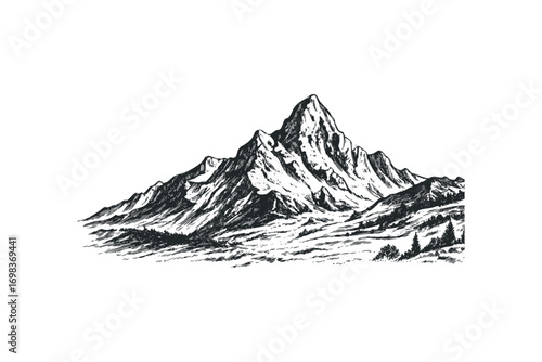 Detailed sketch of majestic mountain range with trees on transparent background
