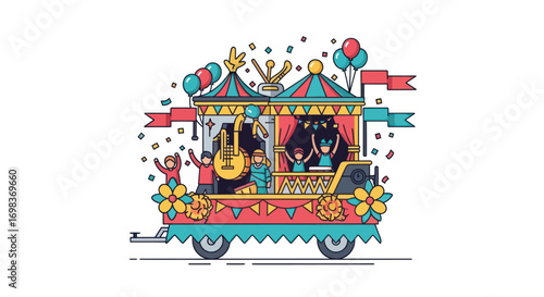 Colorful Carnival Parade Float with Music and Performers.