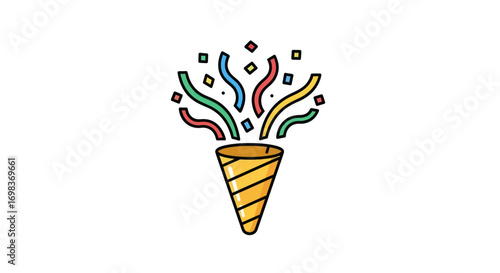 Cartoon Confetti Popper with Colorful Streamers and Squares.