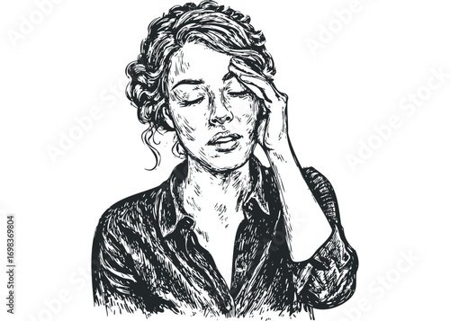 Sketch of a woman holding her head with closed eyes and hand on forehead