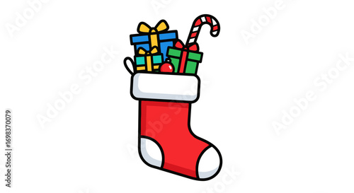 Festive Christmas Stocking Filled with Gifts and Candy Cane.
