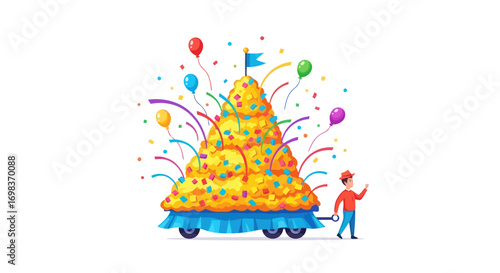 Giant festive sweet mountain parade float with colorful balloons and confetti pulled by a small person.