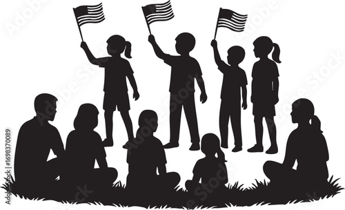 Community Gathering Silhouette Vector with Children Waving American Flags for Patriotism, Celebration, and Unity Themes