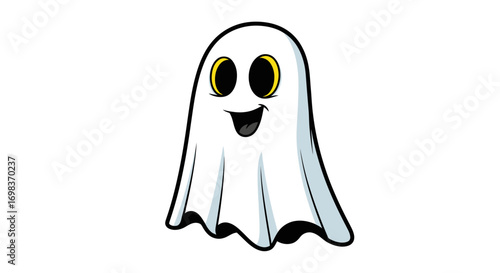 A cheerful cartoon ghost with large expressive eyes and a wide smile.
