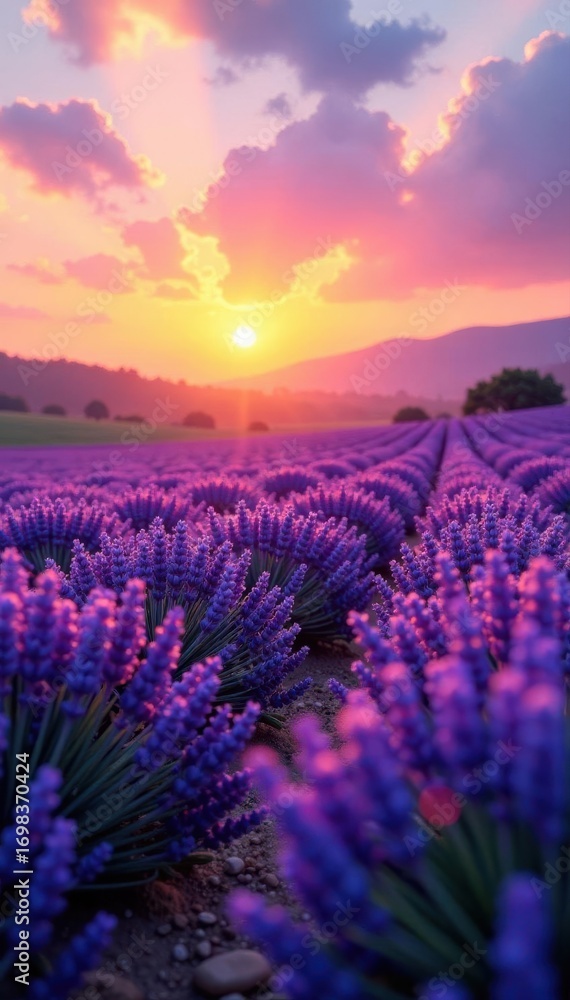 Fototapeta premium Sun-drenched lavender, waves of purple stretching to horizon , sun, bright, calm