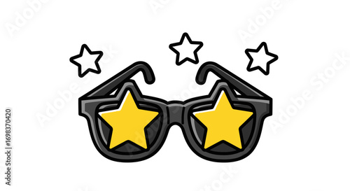 Cool black sunglasses with bright yellow star lenses and floating outline stars.