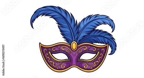 Ornate Purple and Gold Carnival Mask with Blue Feathers.