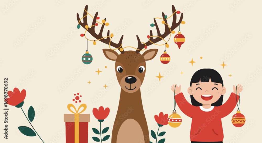 Fototapeta premium Happy girl decorating a reindeer with ornaments for Christmas 