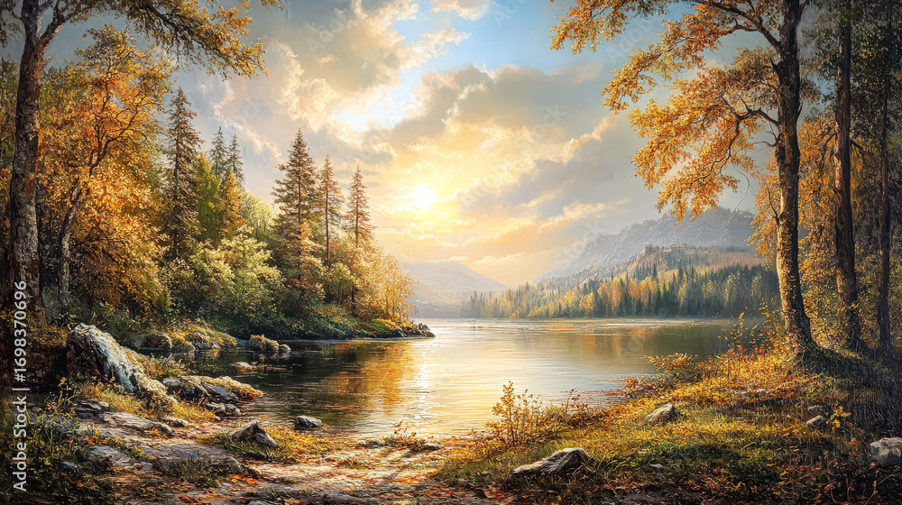 Obraz premium Scenic autumn landscape featuring tranquil lake surrounded by vibrant trees and mountains under a colorful sky, capturing the essence of nature's beauty
