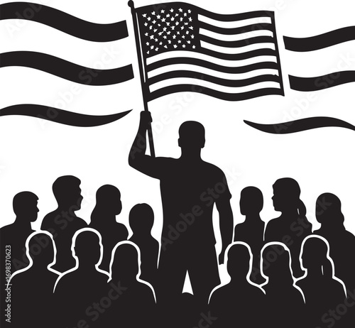Group Silhouette with American Flag Vector for Patriotism, Unity, Leadership, and National Identity Themes