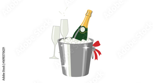 Champagne bottle chilling in ice bucket with two flutes and red ribbon.