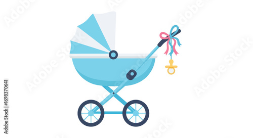 Cartoon Illustration of a Blue Baby Stroller with Accessories.