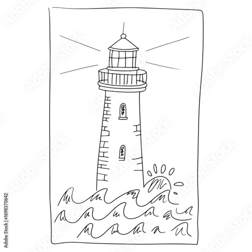 Hand Drawn Lighthouse Amidst Ocean Waves A Simple Black and White Sketch of Nautical Beacon and Sea Scene
