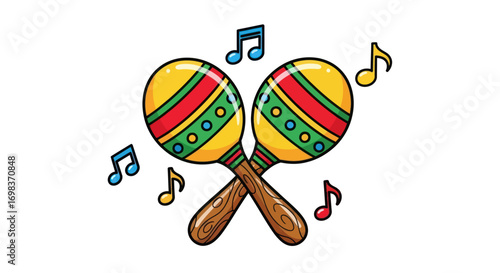 Colorful Maracas Crossed with Musical Notes Illustration.