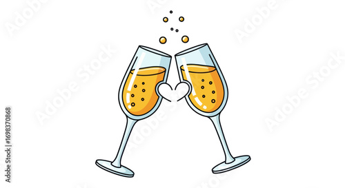 Two Champagne Flutes Toasting with a Heart Bubbles and Golden Liquid.