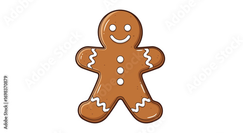 Classic gingerbread man cookie with white icing smile and buttons.