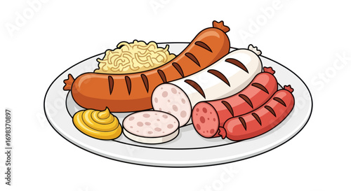 A cartoon platter of assorted grilled German sausages including bratwurst and weisswurst with sauerkraut and mustard.