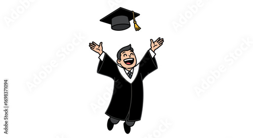 Cartoon Graduate Tossing Graduation Cap in Celebration.