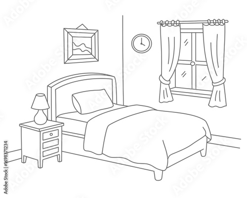 Vector line drawing illustration of a cozy bedroom with bed nightstand and window silhouette vector illustration white background