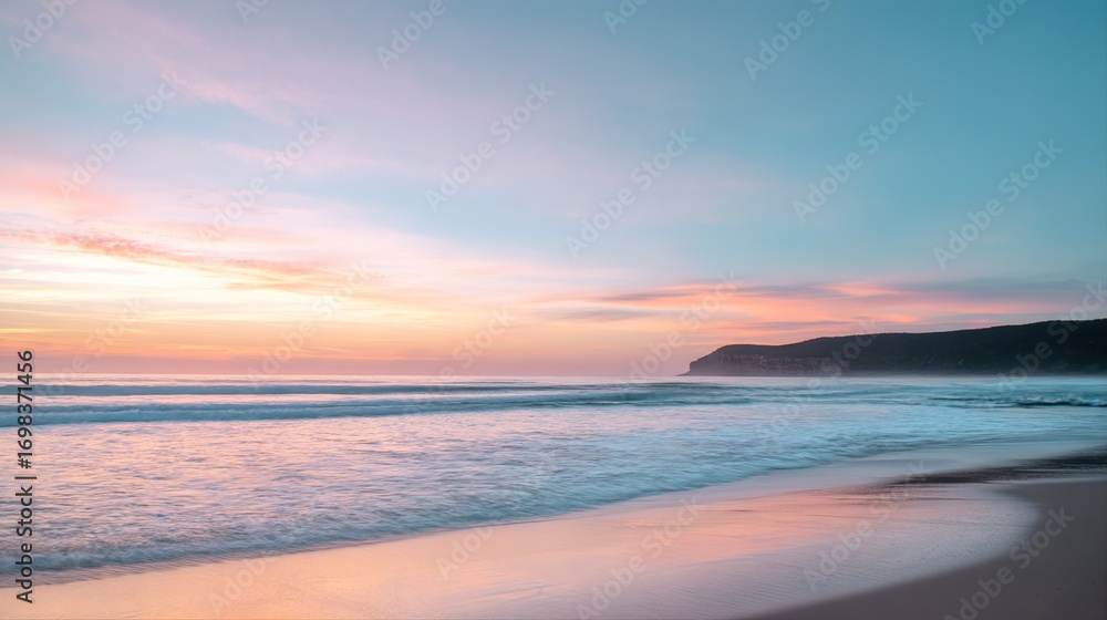 Fototapeta premium Soft Pastel Sunset Over a Calm Ocean Beach: Gentle Pink & Lavender Sunset Glow, Serene Beach with Calm Waves—Tranquil Coastal Scene of Pastel Hues at Dusk