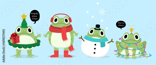 Merry Christmas and happy new year 2026 with cute little frog in Xmas costume. Winter holidays cartoon character. -vector