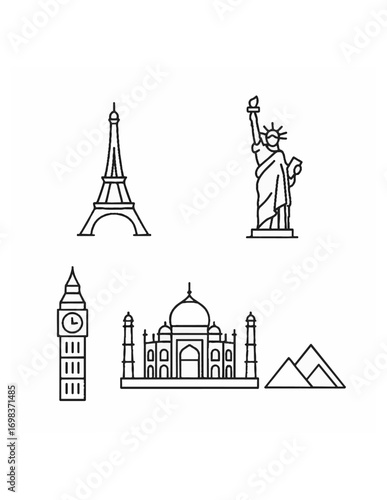 Minimal Line Icons of Famous World Landmarks — Eiffel Tower, Statue of Liberty, Big Ben, Taj Mahal, Pyramids — Thin Stroke Black Outline Vector on White Background