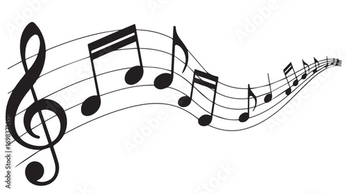 A black and white illustration of a flowing musical staff with notes moving from left to right in a curved line.