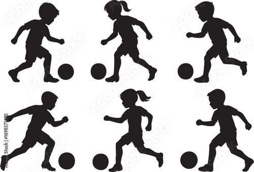 Children Playing Soccer Silhouette Vector Set in Black with Dynamic Poses for Sports, Teamwork, and Youth Activity Themes